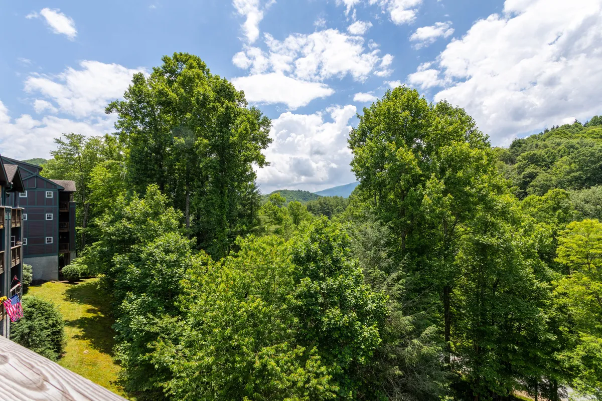 An expansive view of lush green trees and distant mountains beneath a vibrant, cloudy blue sky. The landscape feels inviting and tranquil, highlighting the natural surroundings and the peaceful atmosphere unique to mountain getaways.