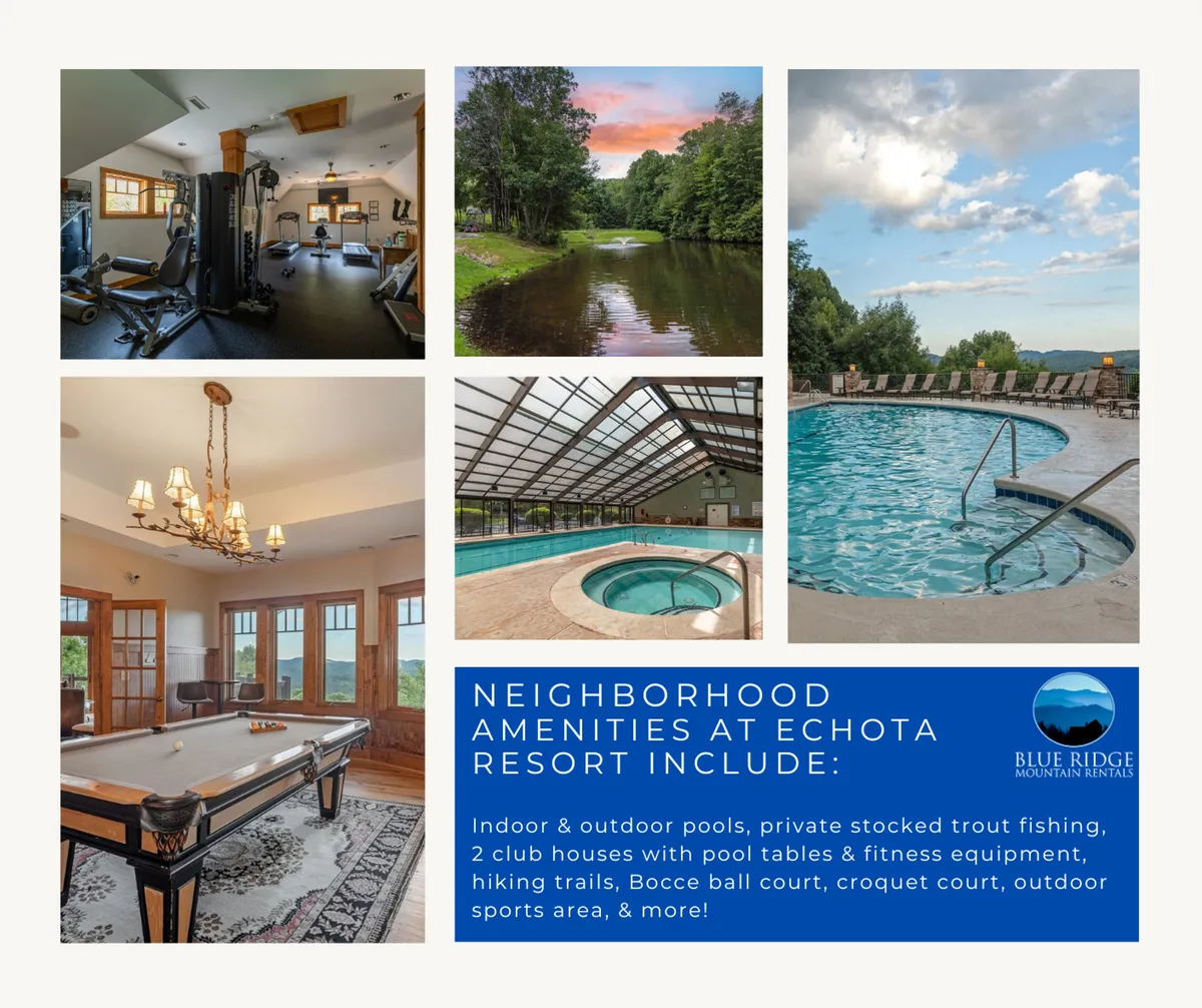 An exterior scene showcasing a variety of resort amenities, including a modern pool area with lounge chairs, a hot tub, gym equipment, a billiard table, and natural landscaping. The view hints at community and recreational spaces set amidst a scenic backdrop, evoking relaxation and active fun.